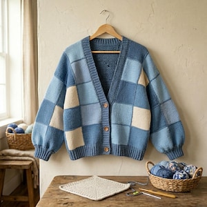 May include: A blue patchwork cardigan sweater with a V-neck and wooden buttons hangs on a wooden hanger. The sweater features squares of light and dark blue and cream-colored knit fabric. A small basket of yarn sits on a wooden table.