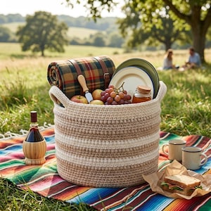 May include: A round, beige and white crocheted basket filled with a plaid blanket, plates, a glass jar, and fresh fruit. Beside the basket sits a bottle in a wooden holder, two ceramic mugs, and a sandwich wrapped in brown paper.
