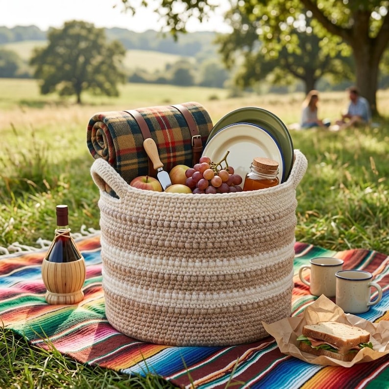 May include: A round, beige and white crocheted basket filled with a plaid blanket, plates, a glass jar, and fresh fruit. Beside the basket sits a bottle in a wooden holder, two ceramic mugs, and a sandwich wrapped in brown paper.