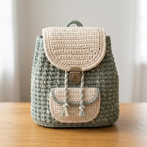 Puede incluir: Una mochila de ganchillo en color verde salvia y crema con un patrón de punto texturizado, una solapa superior grande con cierre metálico de presión, un bolsillo frontal pequeño y dos cordones trenzados con borlas.