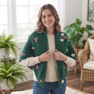 May include: A dark green triangular crochet shawl featuring a textured stitch pattern and scattered three-dimensional floral appliqués in shades of pink, yellow, white, and blue. The shawl is worn over a cream-coloured long-sleeve sweater and blue jeans.