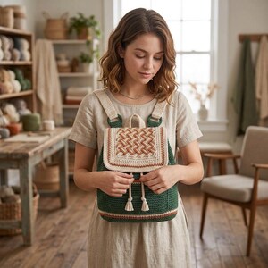 May include: A dark green crochet backpack featuring a woven cream and brown flap, a drawstring closure with two tassels, and matching cream crochet shoulder straps. The bag has a structured rectangular base with horizontal stripes in brown and cream.