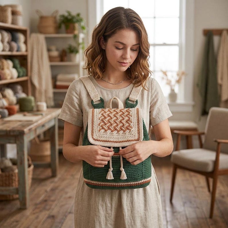 May include: A dark green crochet backpack featuring a woven cream and brown flap, a drawstring closure with two tassels, and matching cream crochet shoulder straps. The bag has a structured rectangular base with horizontal stripes in brown and cream.