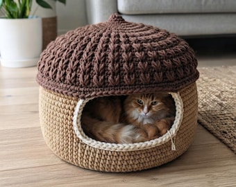 Haakpatroon voor een gigantisch eikelvormig dierenbed, patroon voor een eikelvormige kattenmand, haakpatroon voor een dierenmand (PDF), haakpatroon voor een kattenhuis, haakpatroon voor een klein hondenbed (PDF)