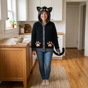 May include: A black crochet hooded cardigan featuring a cat-ear hood with yellow eyes, a pink nose, and whiskers. The garment includes two front pockets shaped like cat paws with pink pads and a long black cat tail attached to the back hem.