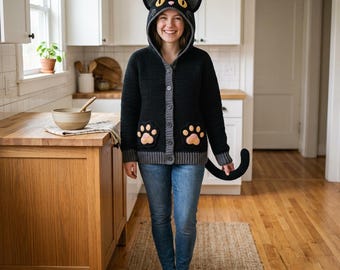 Chaqueta con capucha de gato negro a crochet en PDF, patrón de cárdigan con capucha de gato, abrigo de Halloween a crochet en PDF, tallas para adultos XS-5XL, patrón de chaqueta para cosplay.