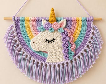 Haakpatroon voor een eenhoorn-regenboog wanddecoratie, babykamerdecoratie PDF, eenhoorn wanddecoratiepatroon, gehaakte regenboog PDF, babykamerdecoratiepatroon