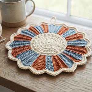 May include: A round, crocheted potholder featuring a central cream-colored medallion surrounded by alternating rust-orange and light blue radiating panels. The edge is finished with a scalloped cream border and a small loop for hanging.