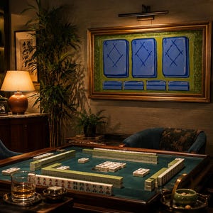 May include: A luxurious game room featuring a Mahjong table with green felt and ivory tiles. A painting with blue diamond shapes hangs above the table. A lamp and a bookshelf are visible in the background, creating a cozy atmosphere.