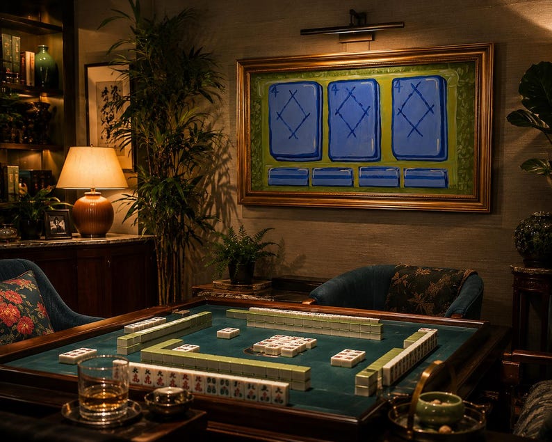 May include: A luxurious game room featuring a Mahjong table with green felt and ivory tiles. A painting with blue diamond shapes hangs above the table. A lamp and a bookshelf are visible in the background, creating a cozy atmosphere.