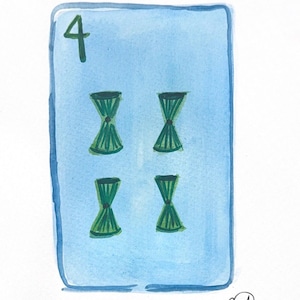 May include: Watercolor painting of the Four of Bows tarot card. The card has a light blue background with four green hourglass shapes. The number 4 is in the upper left corner in green.