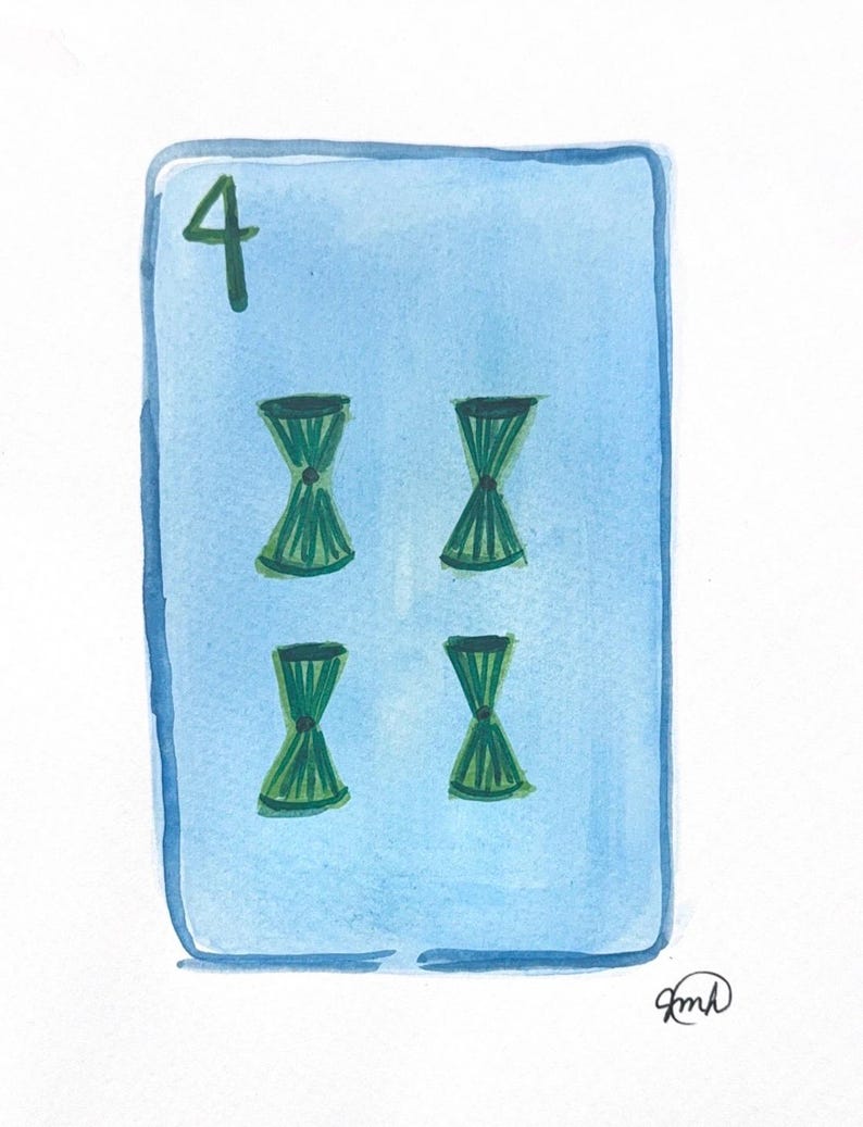 May include: Watercolor painting of the Four of Bows tarot card. The card has a light blue background with four green hourglass shapes. The number 4 is in the upper left corner in green.