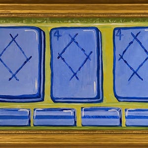 May include: An abstract painting in a gold frame. The artwork features three blue rectangles with a diamond design and the number 4. Below are three smaller blue rectangles. The background is yellow and green.