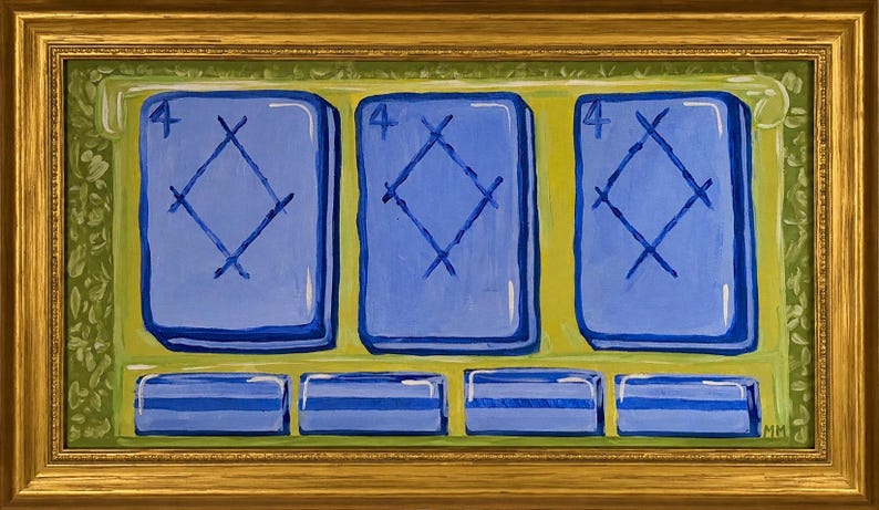 May include: An abstract painting in a gold frame. The artwork features three blue rectangles with a diamond design and the number 4. Below are three smaller blue rectangles. The background is yellow and green.
