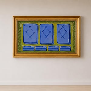 May include: A framed painting featuring three blue playing card-like shapes with the number 4 and a diamond design. The painting has a gold frame and a green and gold background.