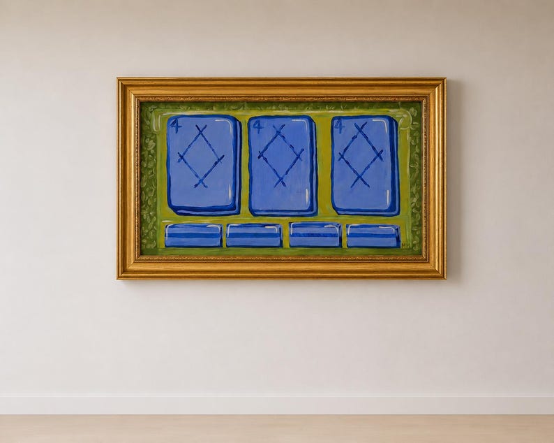 May include: A framed painting featuring three blue playing card-like shapes with the number 4 and a diamond design. The painting has a gold frame and a green and gold background.
