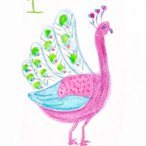 May include: Watercolor illustration of a pink peacock with a long neck and a fan-shaped tail. The tail feathers are light blue with green and white accents. The number 1 is in green in the upper left corner.