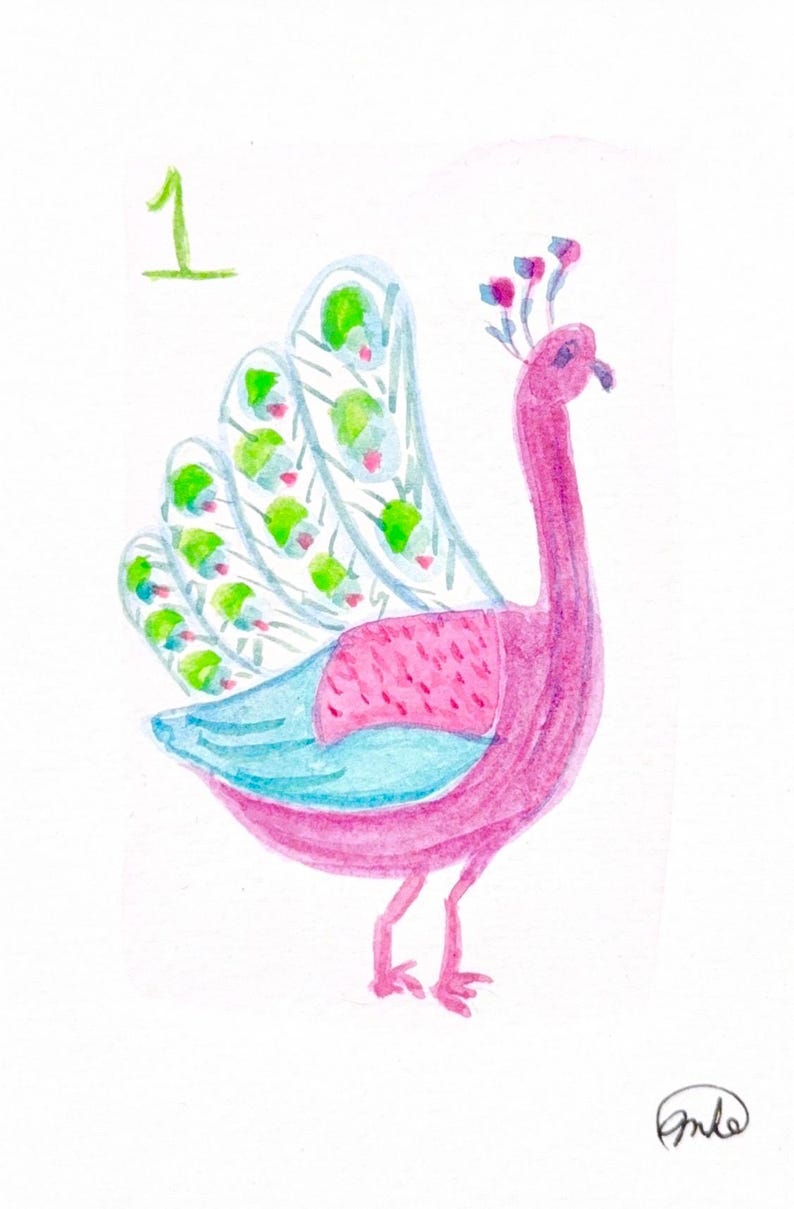 May include: Watercolor illustration of a pink peacock with a long neck and a fan-shaped tail. The tail feathers are light blue with green and white accents. The number 1 is in green in the upper left corner.