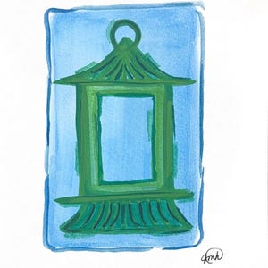 May include: Watercolor painting of a green lantern with a rectangular window, set against a light blue background with a darker blue border. The lantern has a ring at the top and decorative details.