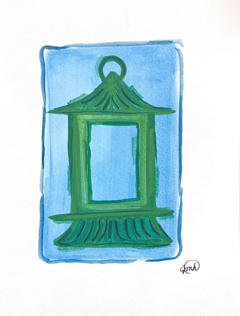 May include: Watercolor painting of a green lantern with a rectangular window, set against a light blue background with a darker blue border. The lantern has a ring at the top and decorative details.
