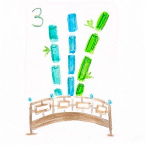 May include: Watercolor painting of a bamboo forest with a bridge. The bamboo is depicted in shades of green and blue, with the number "3" in the upper left corner. The bridge is brown with a decorative design.