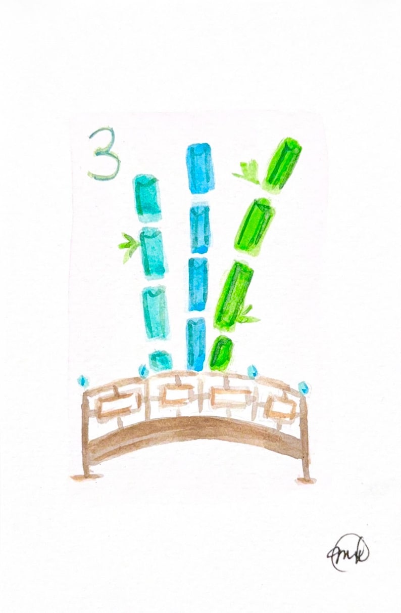 May include: Watercolor painting of a bamboo forest with a bridge. The bamboo is depicted in shades of green and blue, with the number "3" in the upper left corner. The bridge is brown with a decorative design.