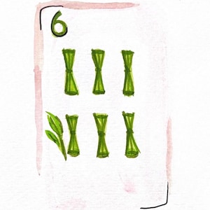 May include: Watercolor illustration of a playing card with a white background and a pink border. The card features the number 6 in green, along with six green hourglass shapes and a sprig of leaves.