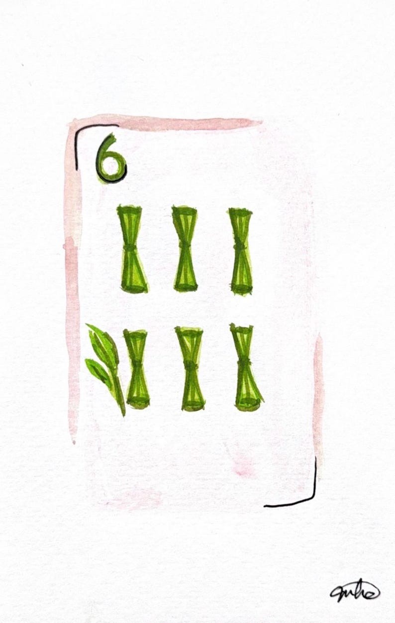 May include: Watercolor illustration of a playing card with a white background and a pink border. The card features the number 6 in green, along with six green hourglass shapes and a sprig of leaves.
