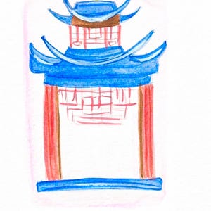 May include: Watercolor painting of a blue and red pagoda. The pagoda has multiple tiers with curved blue roofs and red columns. A small yellow accent is at the top. The artwork is on a white background.