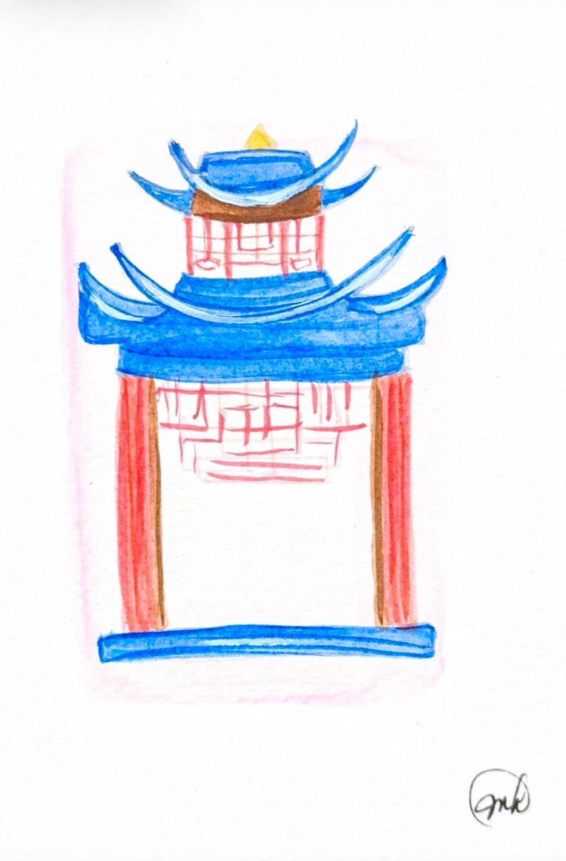 May include: Watercolor painting of a blue and red pagoda. The pagoda has multiple tiers with curved blue roofs and red columns. A small yellow accent is at the top. The artwork is on a white background.