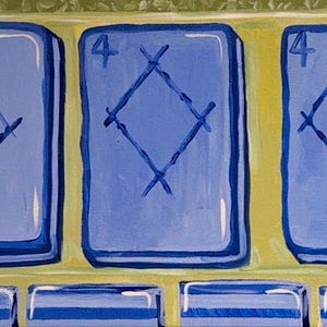 May include: A painting of a slot machine with three blue rectangles, each displaying the number 4 and a diamond design. The background is yellow and green, with a floral pattern on the edges.