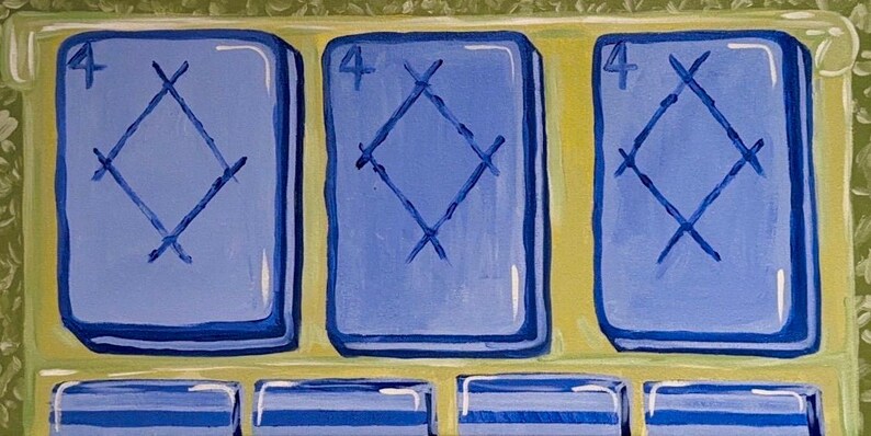 May include: A painting of a slot machine with three blue rectangles, each displaying the number 4 and a diamond design. The background is yellow and green, with a floral pattern on the edges.