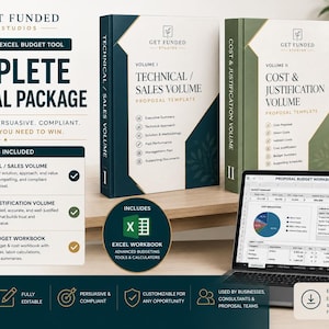 May include: Complete Proposal Package with two volumes and an Excel budget tool. The package includes Technical/Sales and Cost & Justification volumes, plus an Excel workbook. The design is for businesses, consultants, and proposal teams.