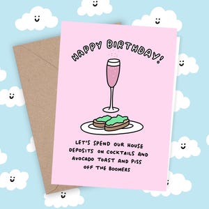 Divertente biglietto di auguri di compleanno Carino Umorismo Millennial Commedia Sfacciato Cocktail Felice Veronica Dearly Illustrazione Avocado Boomers Rosa Sorella Amica