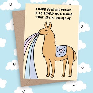 Adorabile biglietto di auguri di compleanno con lama, divertente Veronica Dearly Celebration, giallo, arcobaleno, commedia, illustrazione, arte, biglietto vuoto, personalizzato, colorato, arcobaleno