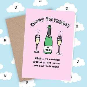 Carte d'anniversaire drôle Humour mignon Comédie du millénaire impertinent Prosecco Joyeux anniversaire Veronica Dearly Humour illustration stupide rose soeur amie