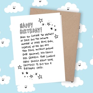 Happy Birthday Funny Card by Veronica Dearly Illustration Vastness of Space Comedy Silly Comic Cartoon Stars Cute Sassy Sarcastic Art