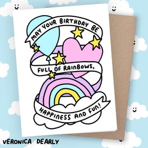 Jolie carte d'anniversaire arcs-en-ciel bonheur et amusement Veronica Dearly carte pour maman soeur amie Illustration Art carte rose bleu violet joyeux personnalisé