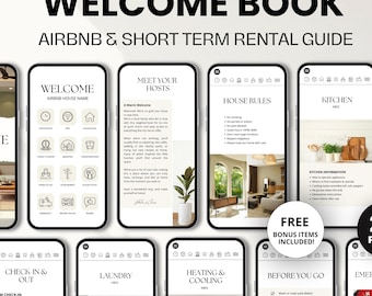 Libro de bienvenida digital para Airbnb / Plantilla de guía imprimible para móviles / Libro de visitas editable / VRBO, alquiler vacacional / Paquete para anfitriones / Plantilla de Canva