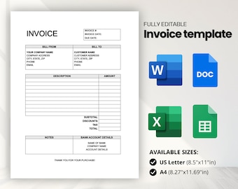 Plantilla de factura editable / Factura imprimible en Word / Formulario de factura personalizado / Plantilla de factura de servicios para pequeñas empresas