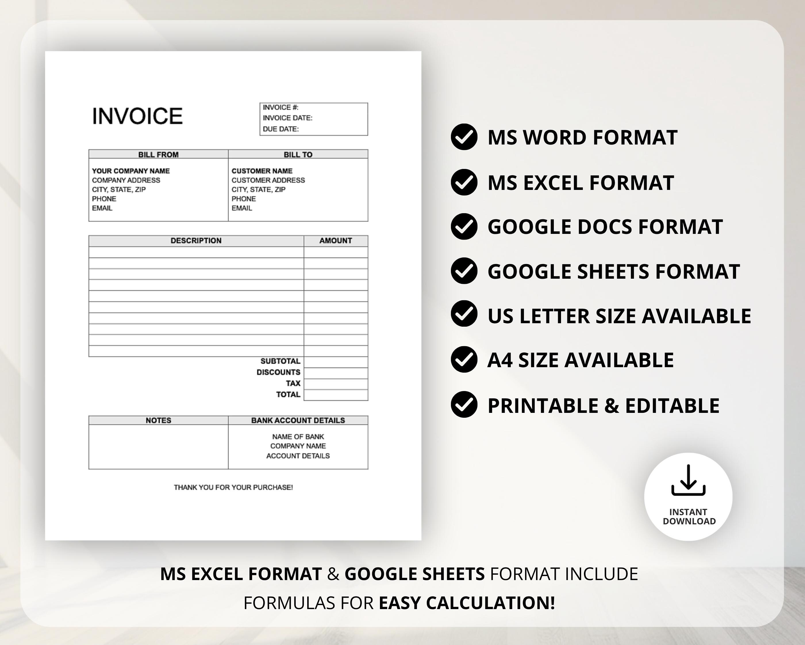 Editable Invoice Template | Printable Invoice Word | Custom Invoice ...