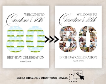 Plantilla de collage de fotos para el 80 cumpleaños / Celebrando 80 años / Cartel de bienvenida para fiestas imprimible / Póster de montaje fotográfico / Plantilla de Canva