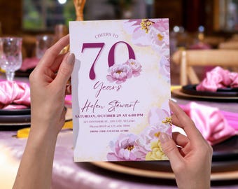 Plantilla de invitación digital para el 70 cumpleaños / Invitación de cumpleaños rosa y dorado para el septuagésimo cumpleaños / Invitación digital brillante para móvil