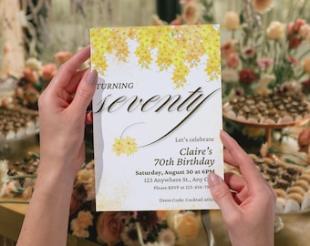 Plantilla de invitación digital para el 70 cumpleaños / Invitación de cumpleaños de primavera en oro amarillo para el septuagésimo cumpleaños / Invitación digital brillante para móvil