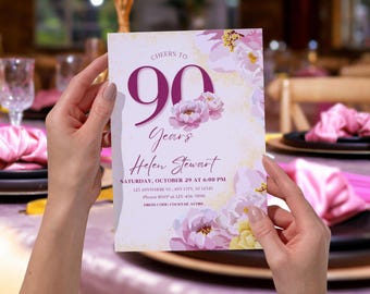 Plantilla de invitación digital para el 90 cumpleaños / Invitación de cumpleaños rosa y dorado para el nonagésimo cumpleaños / Invitación digital brillante para móvil