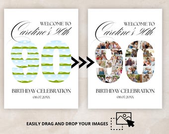 Plantilla de collage de fotos para el 90 cumpleaños / Celebrando 90 años / Cartel de bienvenida para fiestas imprimible / Póster de montaje fotográfico / Plantilla de Canva