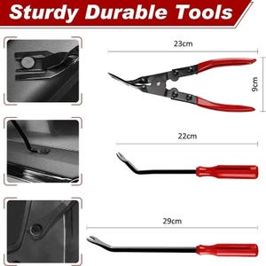 May include: Image of a set of automotive tools. Includes a pair of pliers with red handles, measuring 23cm long and 9cm wide, and two pry bars with red handles, measuring 22cm and 29cm long. The text "Sturdy Durable Tools" is at the top.