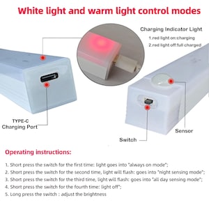 May include: A white rectangular light with a Type-C charging port, switch, and sensor. The image includes text describing the light's modes: "always on", "night sensing", and "all day sensing". The charging indicator light shows red when charging and off when fully charged.