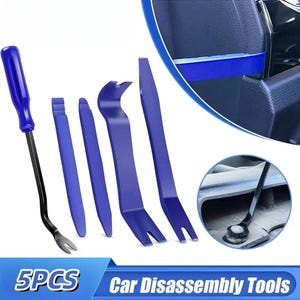 May include: A set of five blue car disassembly tools. The tools include various pry bars and a screwdriver-like tool with a blue handle. The image also shows a close-up of a car interior and a tool in use. The text "5PCS Car Disassembly Tools" is displayed.