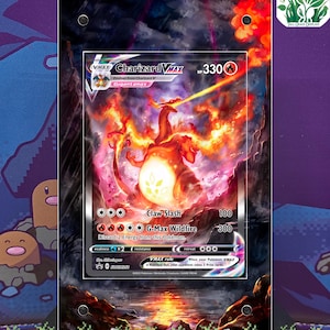 May include: A Charizard VMAX Pokémon card with a fiery orange and red illustration. The card features the text "Charizard VMAX" and "Claw Slash" and "G-Max Wildfire". The card is displayed in a protective case.